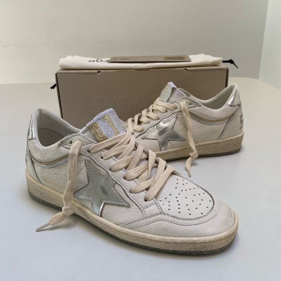 Golden Goose Ball Star Sneaker White Leather/Silver/Gold sz 37 New in Box - Picture 8 of 12